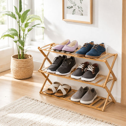 Foldable Bamboo Shoe Rack | 3 & 4-tier Balcony Plant Stand | Space Saving Storage Organizer for Entryway, Bedroom, Bathroom or Balcony