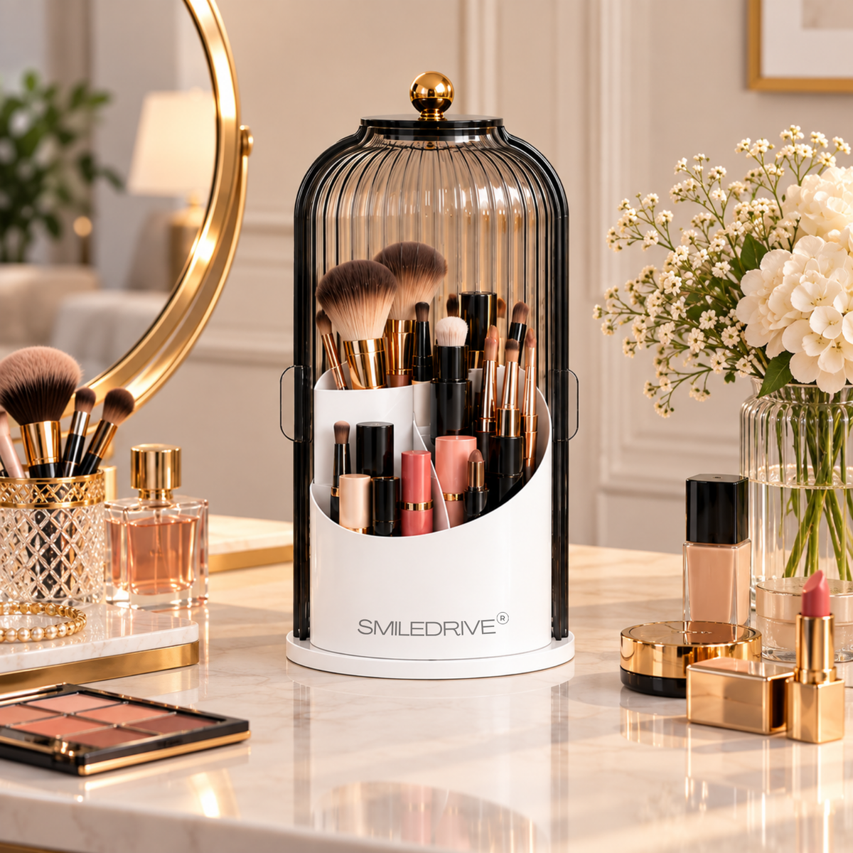Makeup Organizer with Transparent Dust-Proof Cover | 360° Rotatable Base & 180° Rotatable Shell | 3 Compartment Cosmetic Organizer for Makeup Brushes, Lipsticks, Skincare & Beauty Essentials