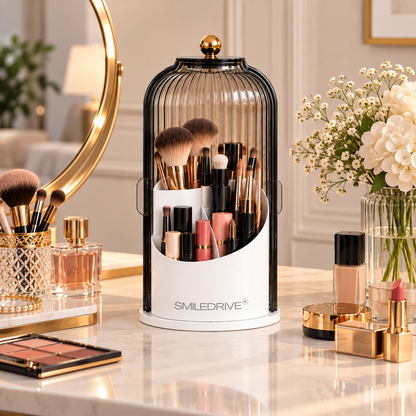 Makeup Organizer with Transparent Dust-Proof Cover | 360° Rotatable Base & 180° Rotatable Shell | 3 Compartment Cosmetic Organizer for Makeup Brushes, Lipsticks, Skincare & Beauty Essentials