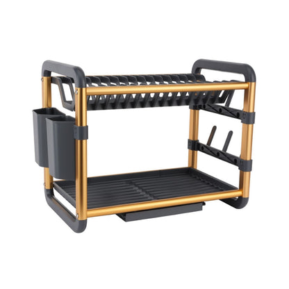 Dish Drying Rack with Drain Tray | 2-Tier Utensil Organizer with Cup and Cutlery Holder | Rust-Resistant Aluminium Kitchen Dish Rack | Available in Gold & Silver