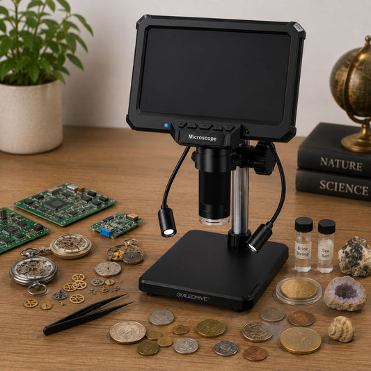 Digital Microscope with 7 inch Screen | 16MP Camera | 50X–1200X Magnification | 1080P Recording | 8+2 LED Lights | Coin, PCB & Jewellery Inspection Microscope