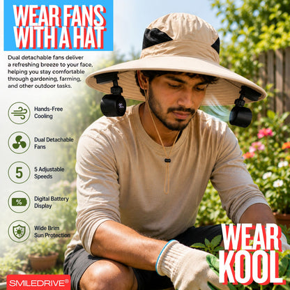 Wearkool Cooling Hat with Dual Detachable BLDC Fans and Lanyard | 5-Speed Rechargeable BLDC Fans with Digital Battery Display | Adjustable Wide Brim Outdoor Hat for Fishing, Gardening, Hiking, Camping & Outdoor Work