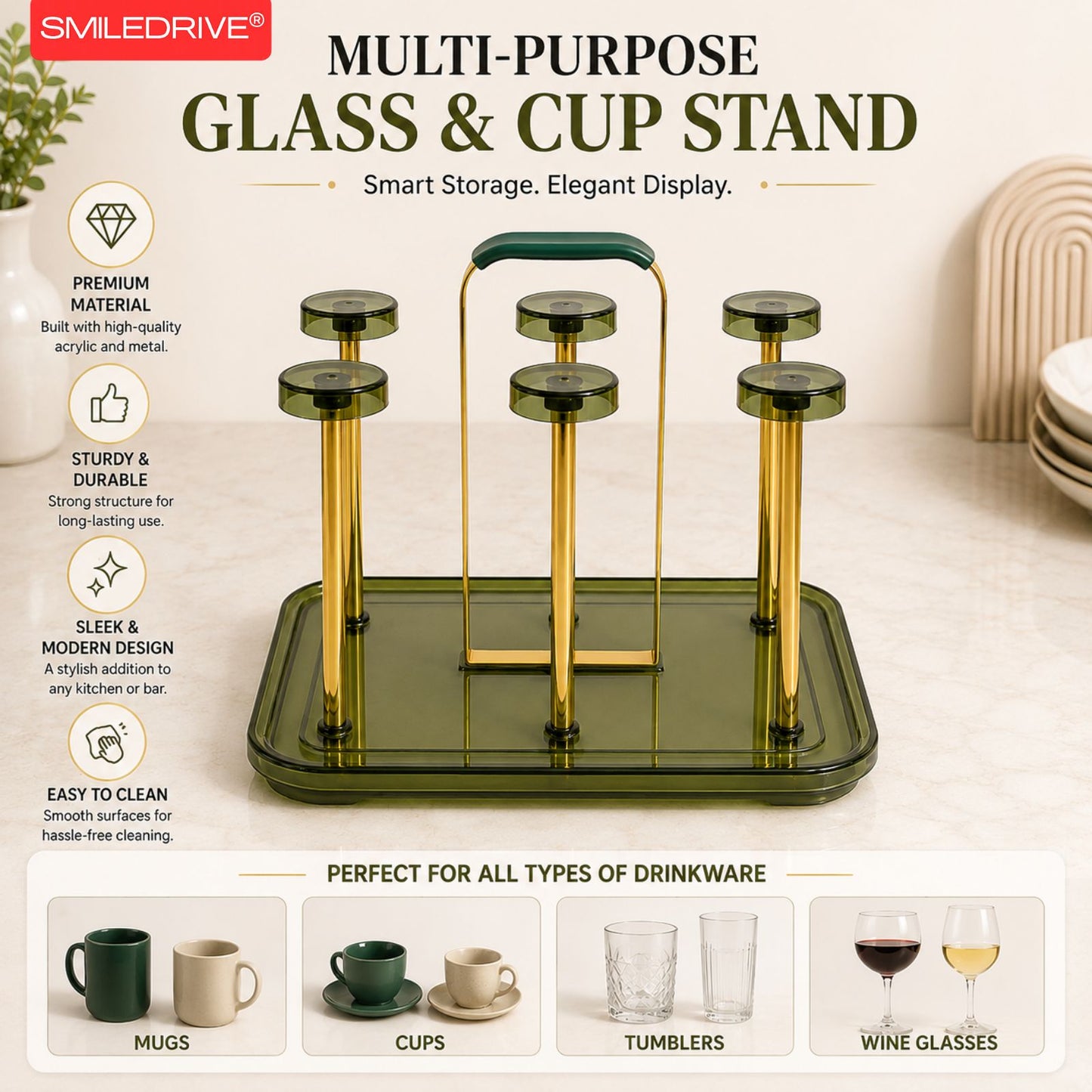 Premium Glass Cup Holder for Kitchen Counter - Modern 6-Hook Mug Tree & Tea Cup Drying Rack - Elegant Gold Metal & Acrylic Coffee Station Organizer for Home, Cafe & Dining Table