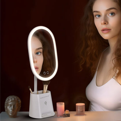 Smiledrive LED Smart Mirror Illuminated Makeup Mirror for desk with built-in Mobile holder cum Wireless Charger