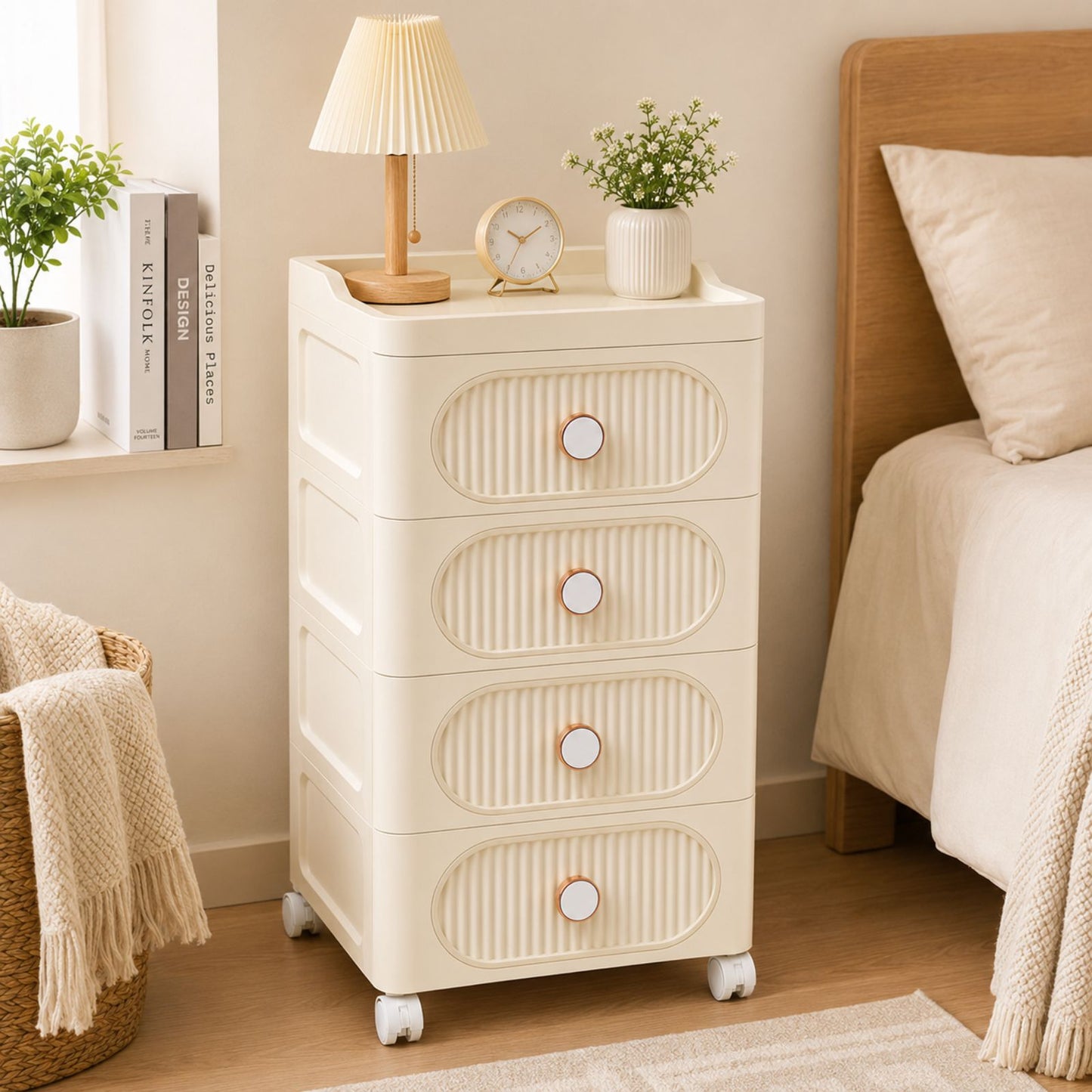 Plastic Storage Drawers | 4 Drawer Organzier Storage Cabinet with Wheels for Bedroom Bathroom Office | Available in White & Cream