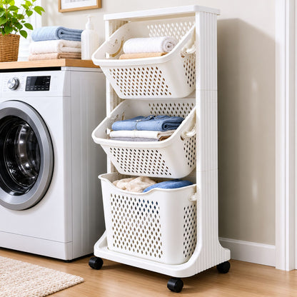 3 Tier Kitchen Rack Laundry Basket with Wheels | Plastic Laundry Organizer | Space Saving Multi Purpose Storage Racks for Kitchen, Laundry Room, Bathroom, Bedroom