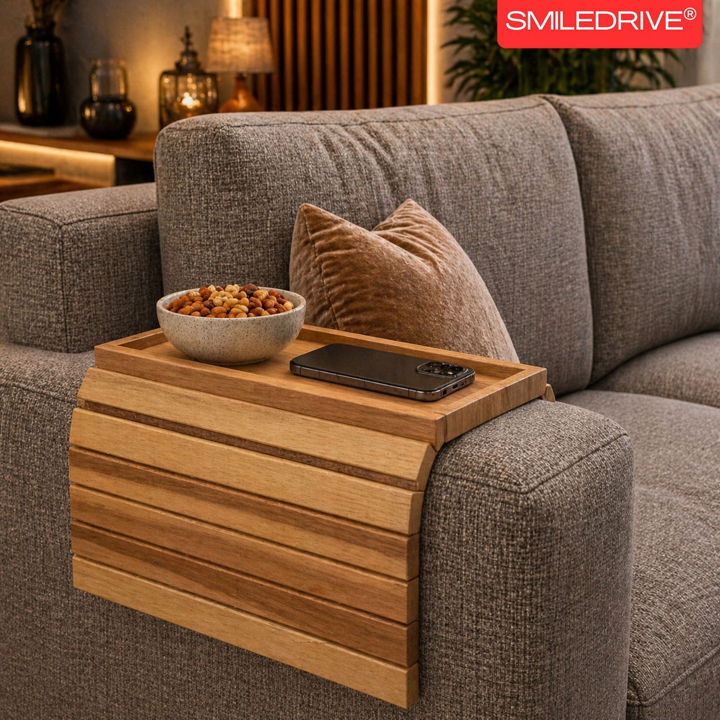 Teakwood Sofa Armrest Tray with Snack Holder Section – Foldable Couch Arm Table with Premium Faux Leather Base (Made in India)