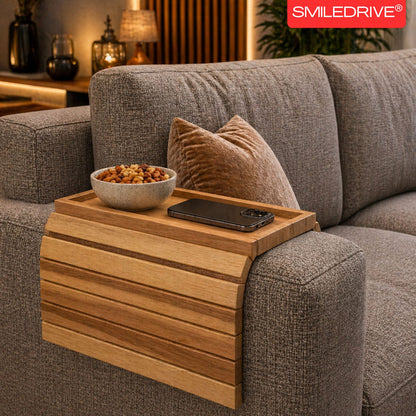 Teakwood Sofa Armrest Tray with Snack Holder Section – Foldable Couch Arm Table with Premium Faux Leather Base (Made in India)