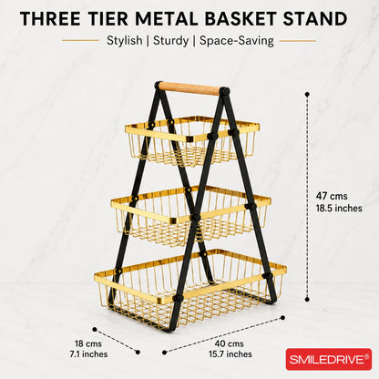 Golden Tiered Fruit Basket | 2 & 3 Tier Metal Mesh Countertop Organizer & Storage Stand