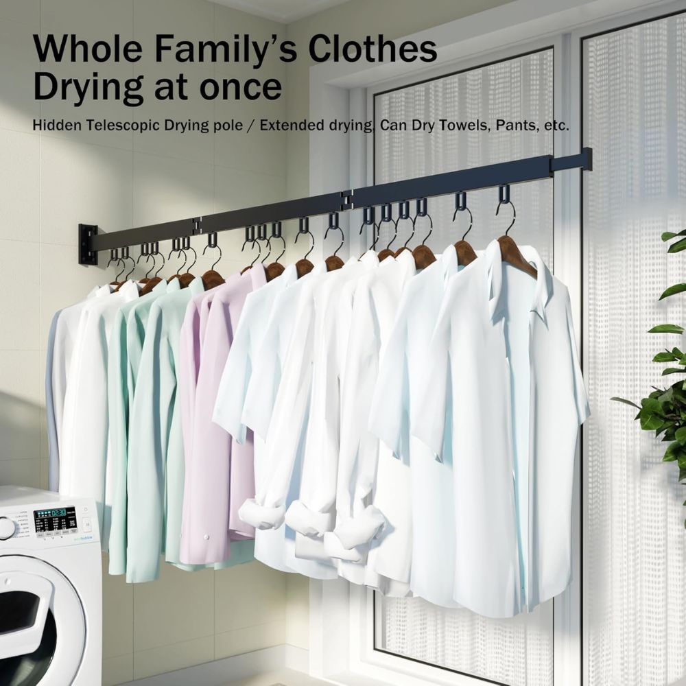 Cloth Drying Stand Wall Mounted-Foldable & Collapsible Drying Clothes Rack with 18 Hooks | Folding Wall Cloth Hanger for Balcony, Bathroom & Laundry | Strong 100 kg Capacity Cloth Drying Stand