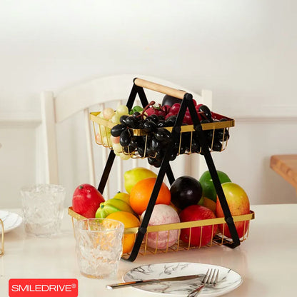 Golden Tiered Fruit Basket | 2 & 3 Tier Metal Mesh Countertop Organizer & Storage Stand