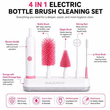 Electric Bottle Cleaning Brush Set with USB Rechargeable Handle | 4-in-1 Baby Bottle Brush Cleaner Kit | For All Bottles, Feeding Bottles, Nipples & their Accessories