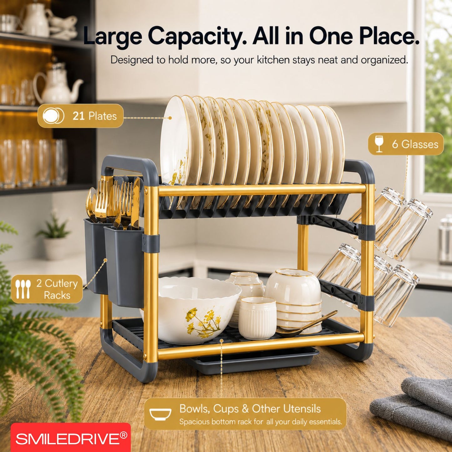 Dish Drying Rack with Drain Tray | 2-Tier Utensil Organizer with Cup and Cutlery Holder | Rust-Resistant Aluminium Kitchen Dish Rack | Available in Gold & Silver