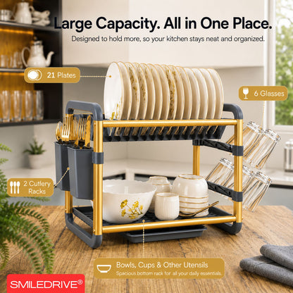 Dish Drying Rack with Drain Tray | 2-Tier Utensil Organizer with Cup and Cutlery Holder | Rust-Resistant Aluminium Kitchen Dish Rack | Available in Gold & Silver