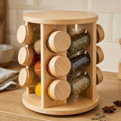Rotating Spice Rack Wooden Spice Organizer | 5, 12 or 16 Glass Jar with Revolving Stand
