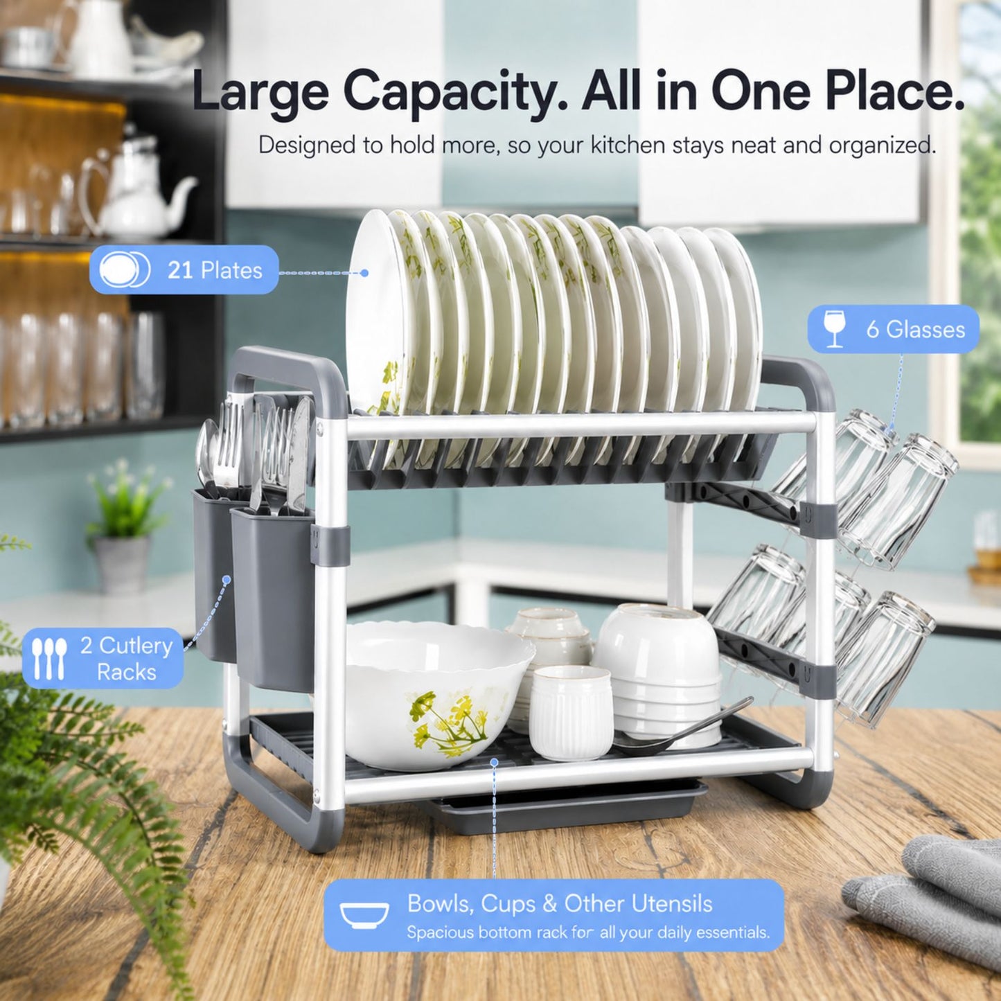 Dish Drying Rack with Drain Tray | 2-Tier Utensil Organizer with Cup and Cutlery Holder | Rust-Resistant Aluminium Kitchen Dish Rack | Available in Gold & Silver
