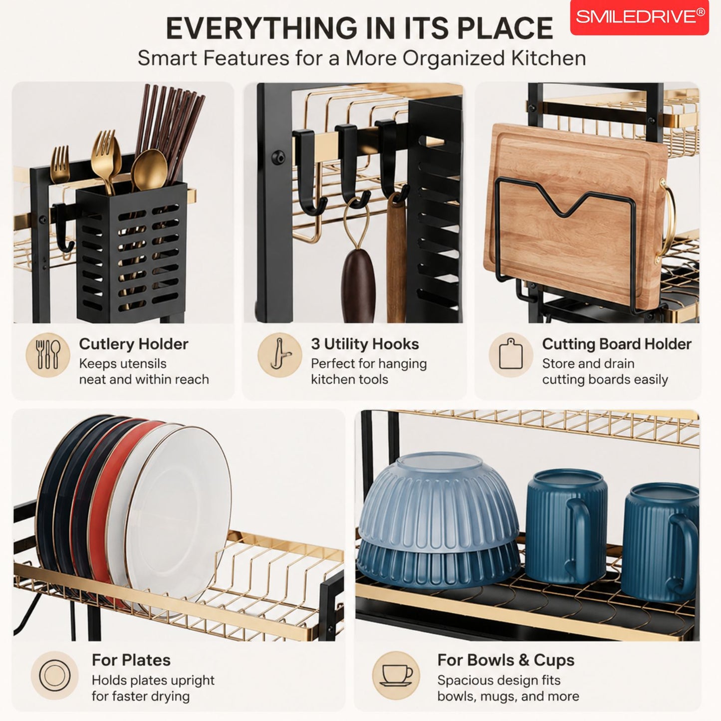Utensil Drying Rack | Kitchen Dish Organizer Tray with Cutlery Holder & Built-in Drainer