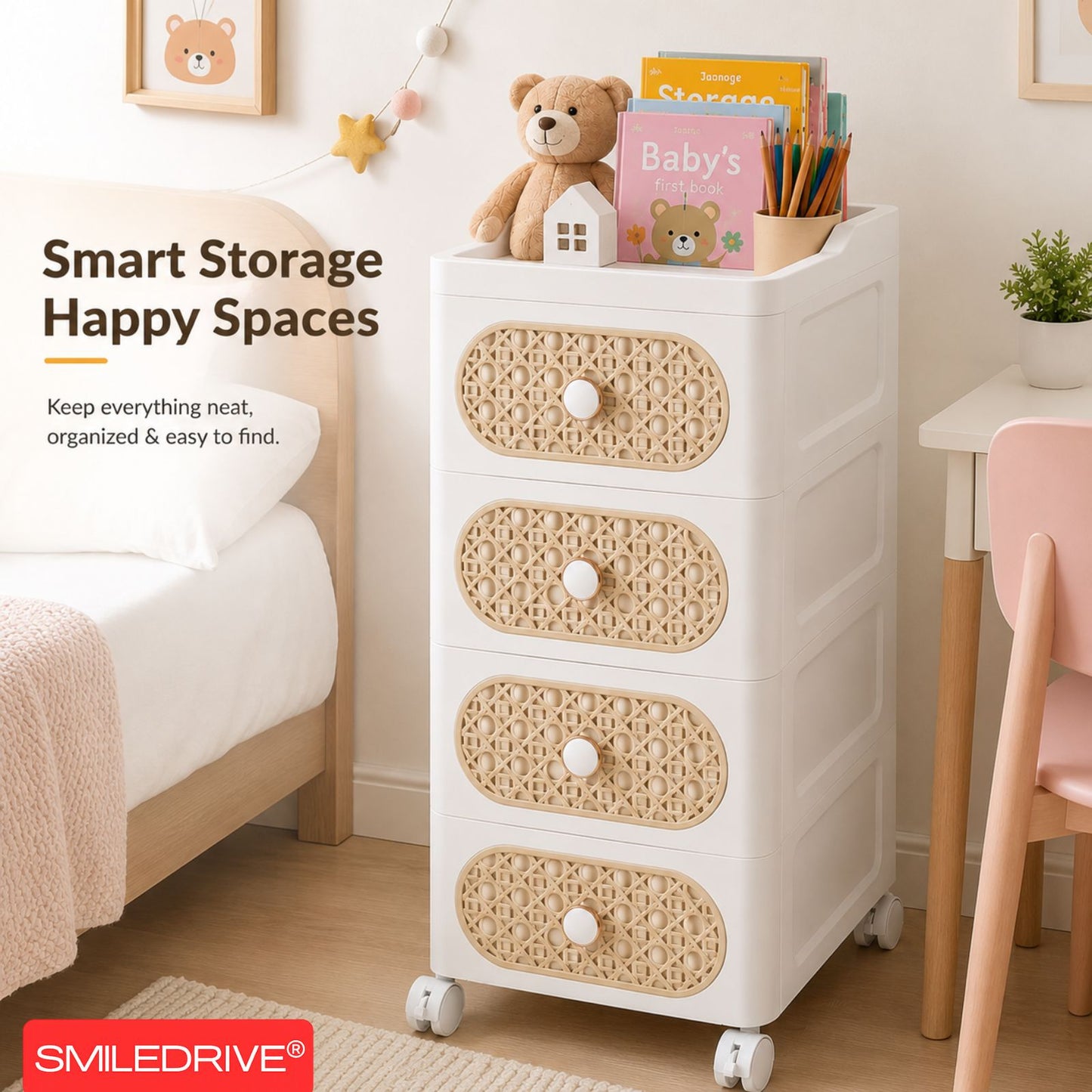 Plastic Storage Drawers | 4 Drawer Organzier Storage Cabinet with Wheels for Bedroom Bathroom Office | Available in White & Cream