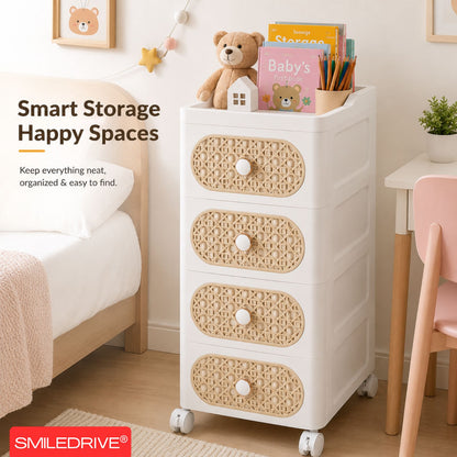Plastic Storage Drawers | 4 Drawer Organzier Storage Cabinet with Wheels for Bedroom Bathroom Office | Available in White & Cream