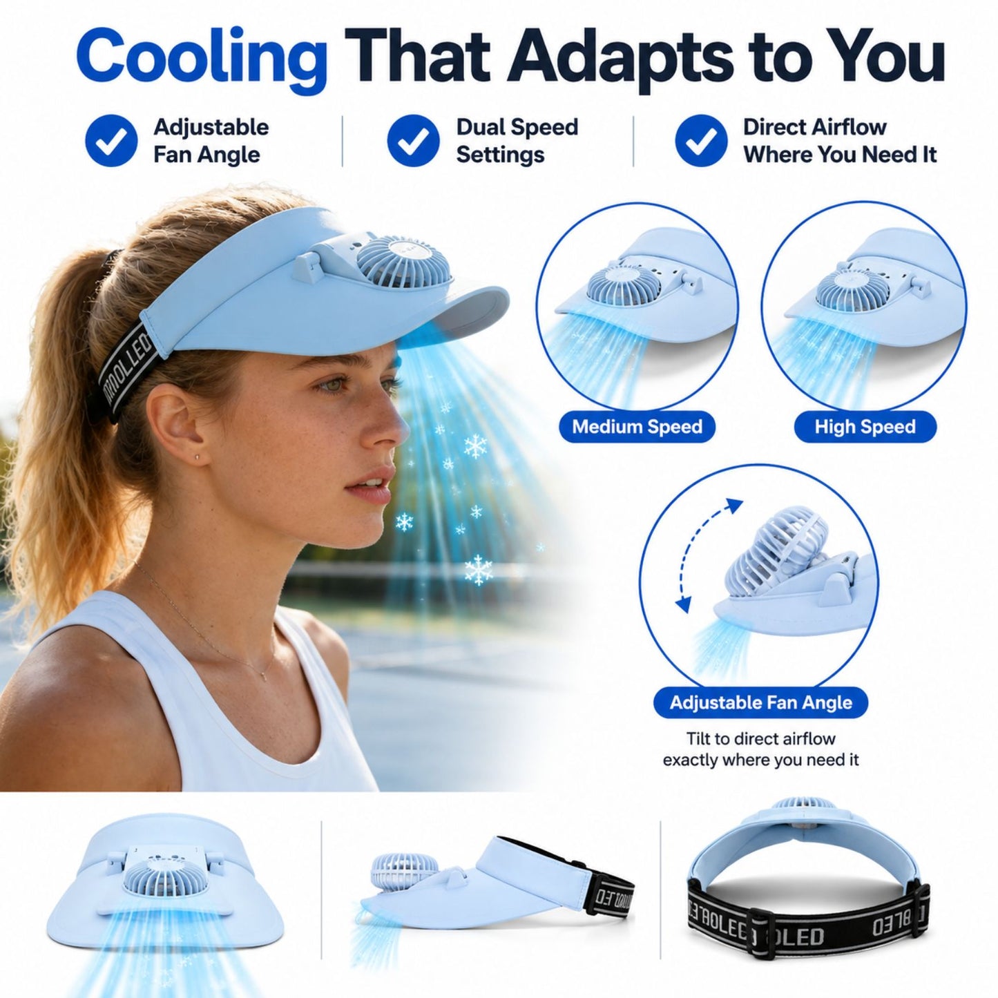 Cooling Fan Cap with Rechargeable Fan, 2-Speed Adjustable Fan, Hands-Free Cooling Hat, Lightweight Cap for Daily Use- Walking, Gardening, Hiking, Camping & Indoor/ Outdoor Work | Available in Blue, Pink & White