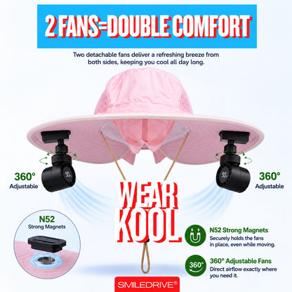 Wearkool Women’s Cooling Sun Hat with Dual Detachable BLDC Fans & Lanyard | 5-Speed Rechargeable Fans with Digital Battery Display | Extra-Wide Brim Hat with Back Bow for Gardening, Fishing, Hiking, Camping & Outdoor Work