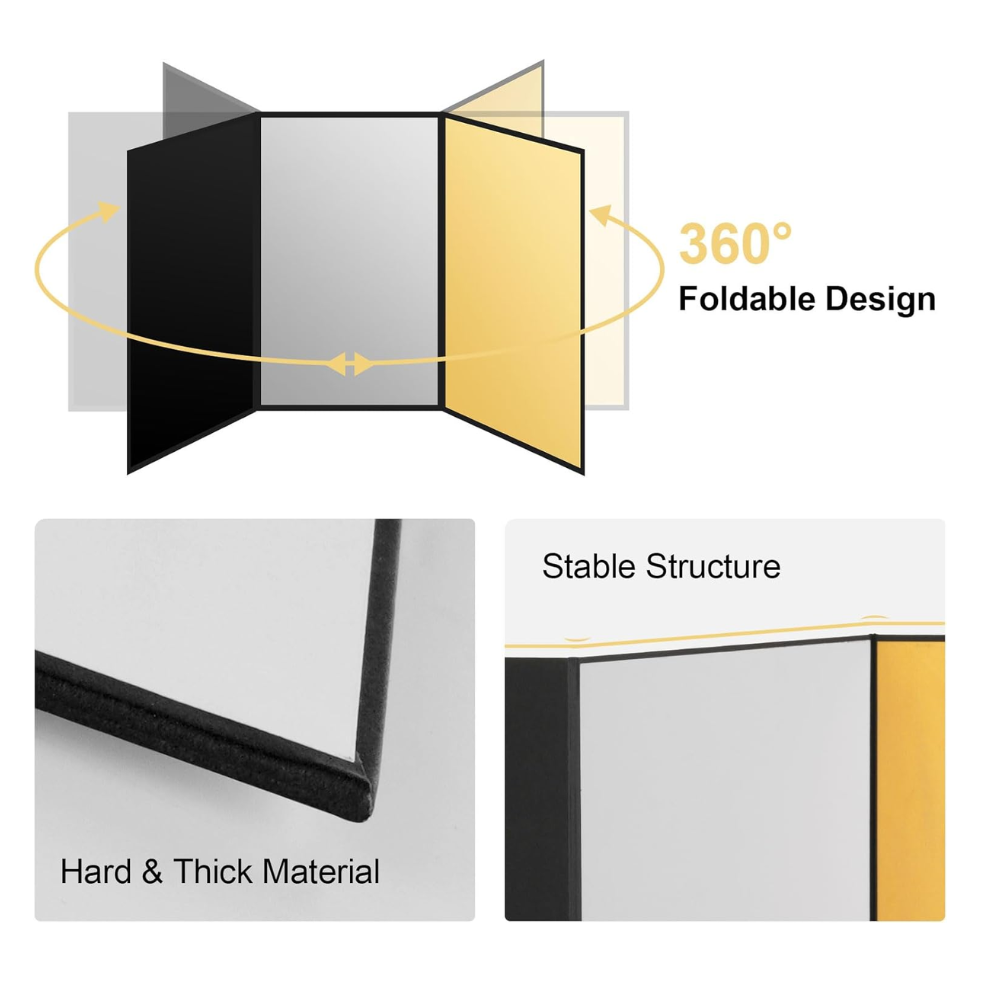 4-in-1 Photography Reflector Board – Foldable Light Diffuser for Product Photography, Camera Reflector Panel for Still Life & Tabletop Shoots – 42 x 30 cm Black, White, Golden & Silver Reflectors.