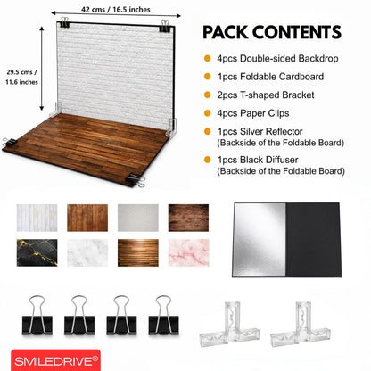 Professional Product Photography Background Kit | Photoshoot Backdrop Kit with 8 styles (4 two-sided sheet) | Silver Reflector & Black Diffuser Included