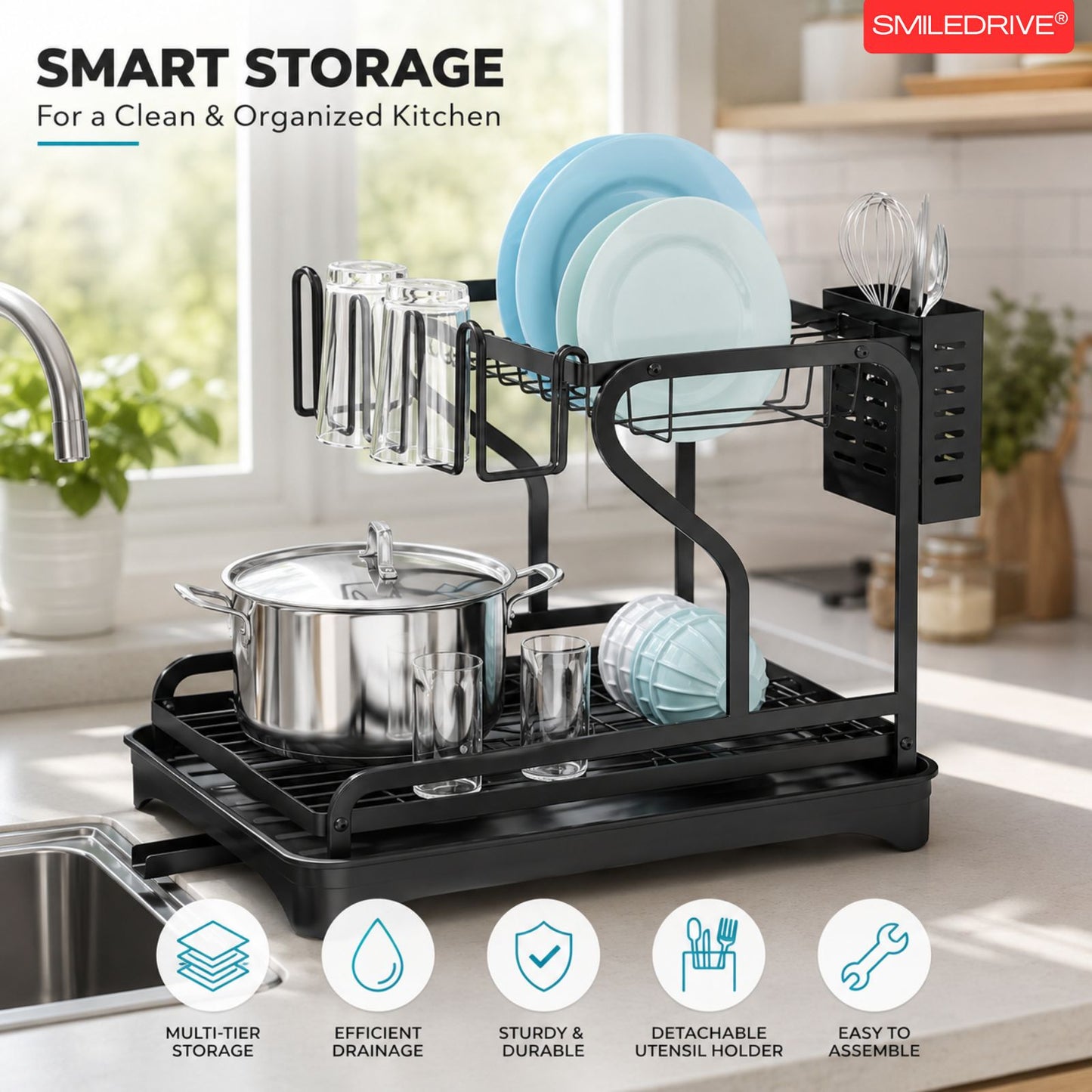 Kitchen Utensil Holder Organizer & Dryer | 2 Tier Dish Drying Rack for Countertop | Anti Rust Dish Drainer Rack with Rotating Drain Swivel Spout