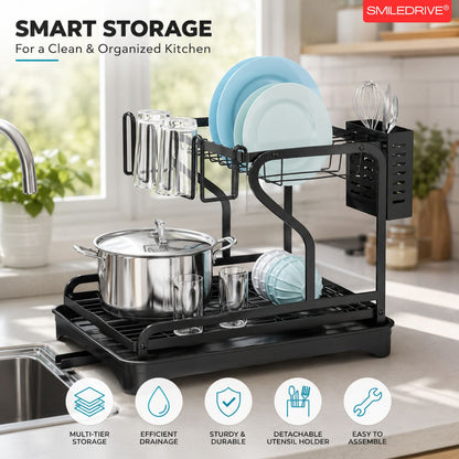 Kitchen Utensil Holder Organizer & Dryer | 2 Tier Dish Drying Rack for Countertop | Anti Rust Dish Drainer Rack with Rotating Drain Swivel Spout
