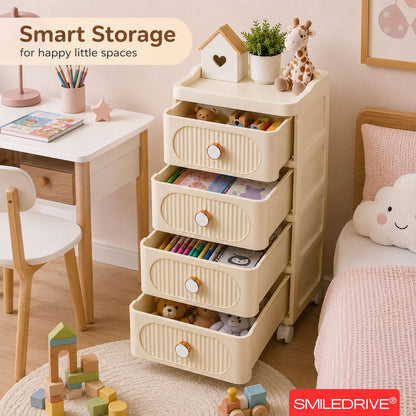 Plastic Storage Drawers | 4 Drawer Organzier Storage Cabinet with Wheels for Bedroom Bathroom Office | Available in White & Cream