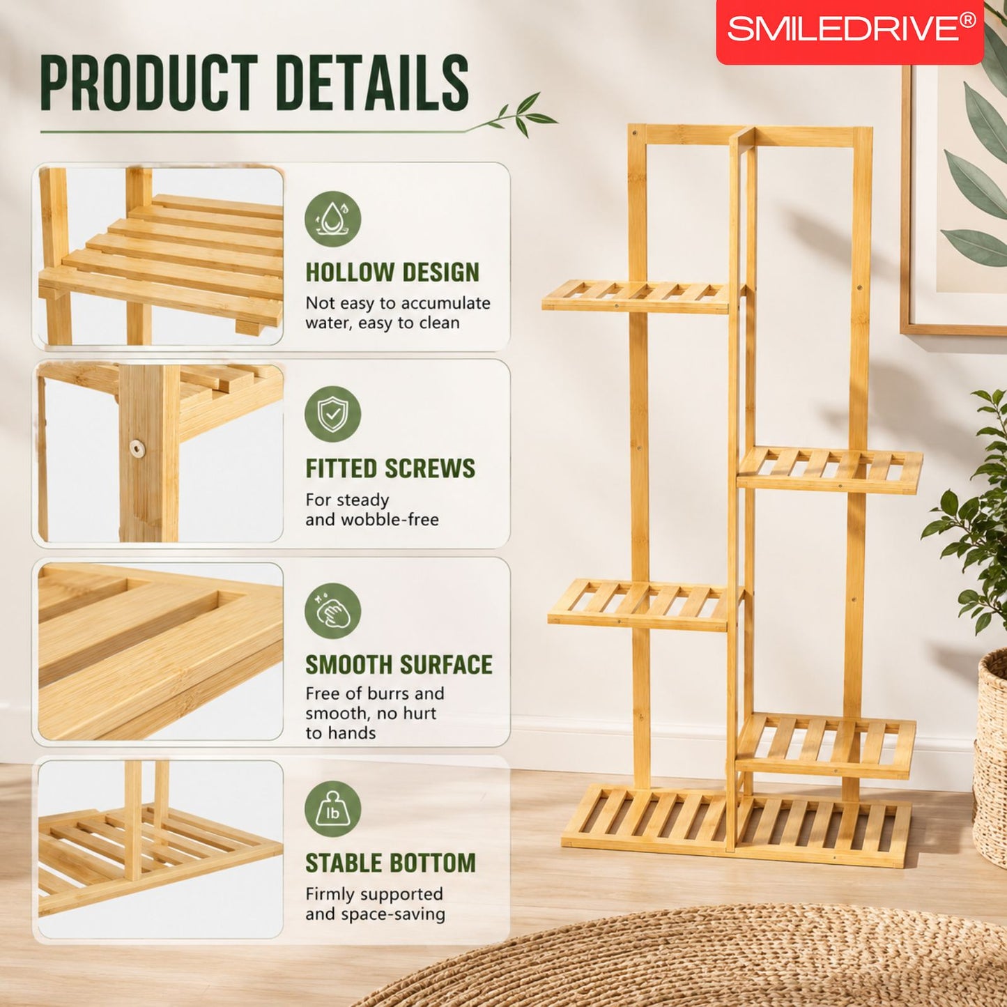 Bamboo Plant Stand for Indoor & Outdoor Plants | 4-Tier Flower Pot Rack for Balcony, Living Room, Patio & Garden