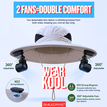 Wearkool Cooling Hat with Dual Detachable BLDC Fans and Lanyard | 5-Speed Rechargeable BLDC Fans with Digital Battery Display | Adjustable Wide Brim Outdoor Hat for Fishing, Gardening, Hiking, Camping & Outdoor Work
