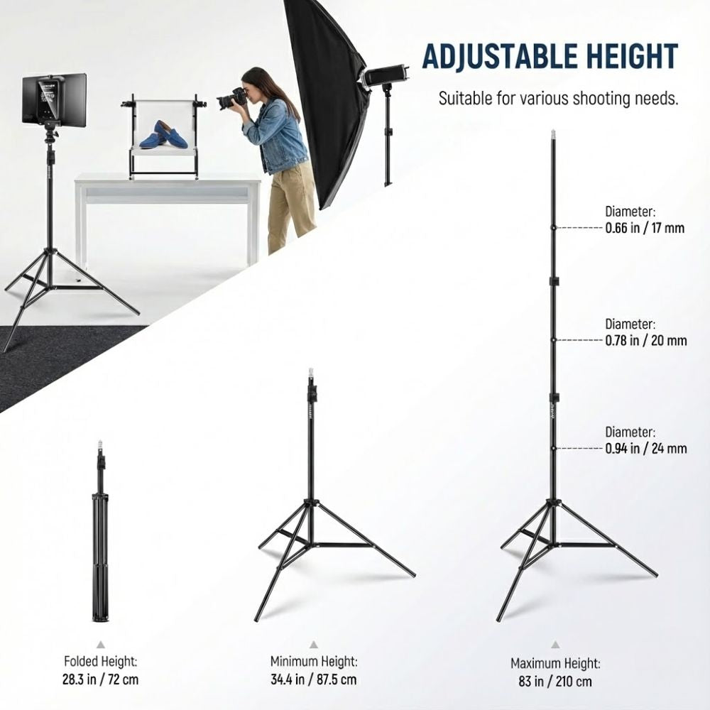 Photography Light Stand for Camera & LED Lights | Adjustable 2.6ft–7ft Carbon Steel Photo Light Stand | Camera Stand with Light Mount | Photography Reflector Stand & Backdrop Support with adjustable mobile clip.