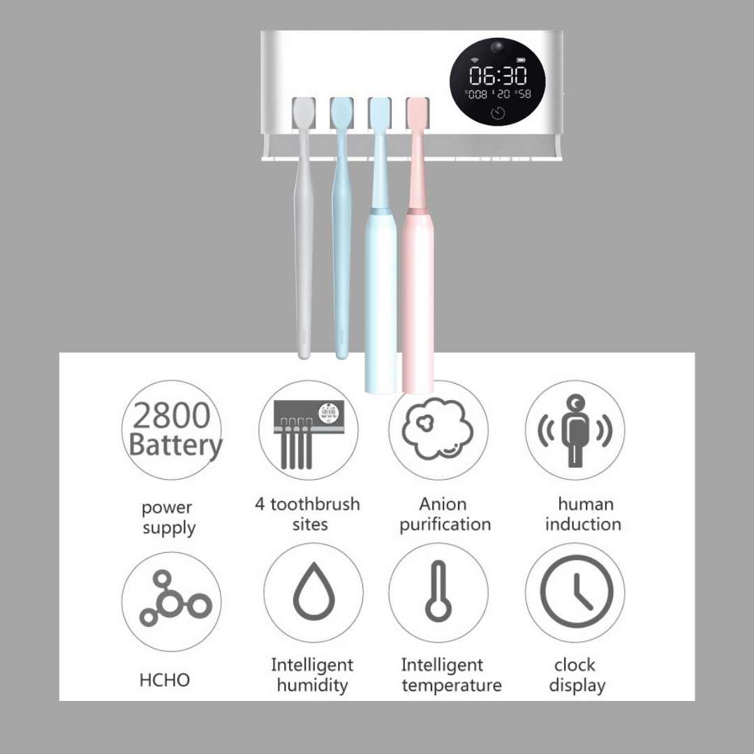 UV Toothbrush Sterilizer Stand with Smart Clock Humidity Temperature and Deep Deodorizing Function