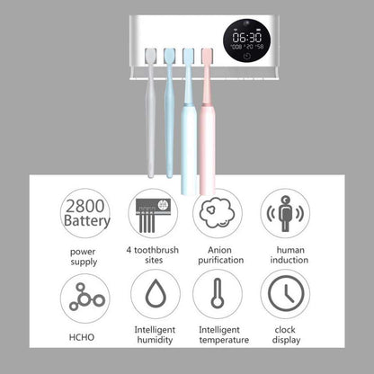 UV Toothbrush Sterilizer Stand with Smart Clock Humidity Temperature and Deep Deodorizing Function