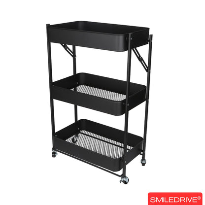 Kitchen Storage Trolley | 3 Tier Fruit and  Vegetable Basket with Wheels | Rolling Cart Trolley for Kitchen, Pantry, Bathroom & Laundry Room | Black
