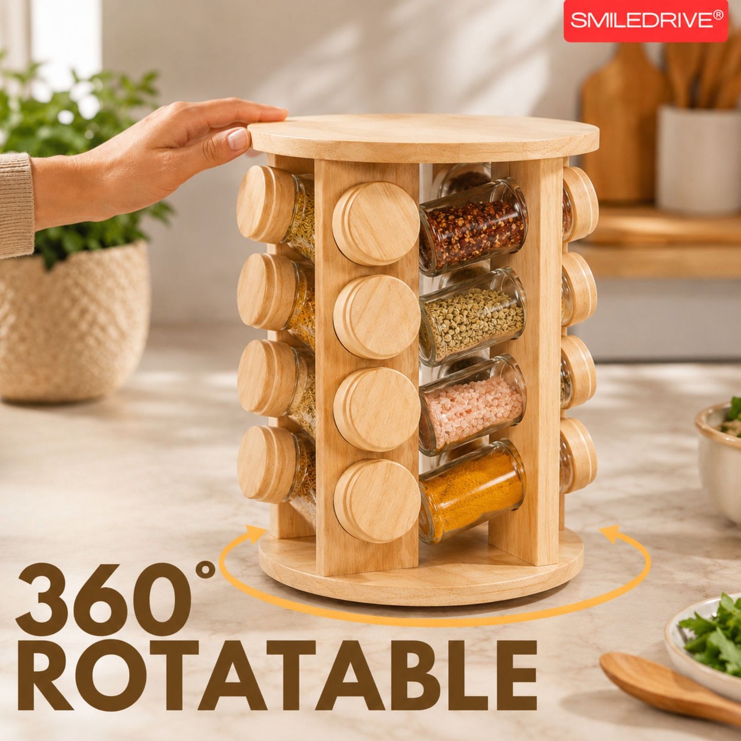 Rotating Spice Rack Wooden Spice Organizer | 5, 12 or 16 Glass Jar with Revolving Stand