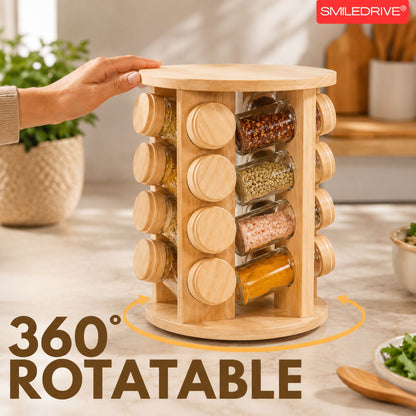 Rotating Spice Rack Wooden Spice Organizer | 5, 12 or 16 Glass Jar with Revolving Stand