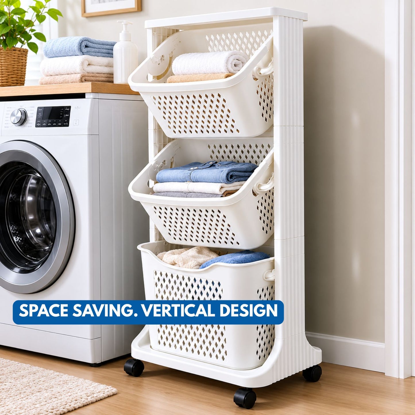 3 Tier Kitchen Rack Laundry Basket with Wheels | Plastic Laundry Organizer | Space Saving Multi Purpose Storage Racks for Kitchen, Laundry Room, Bathroom, Bedroom