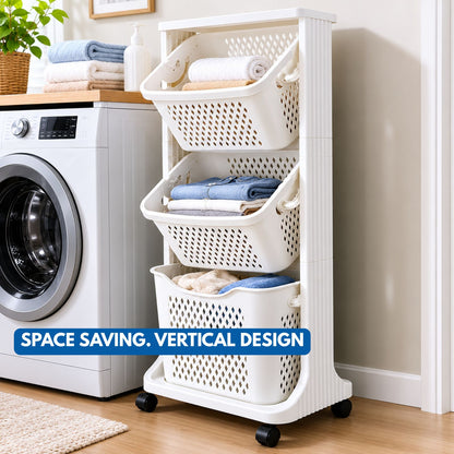 3 Tier Kitchen Rack Laundry Basket with Wheels | Plastic Laundry Organizer | Space Saving Multi Purpose Storage Racks for Kitchen, Laundry Room, Bathroom, Bedroom