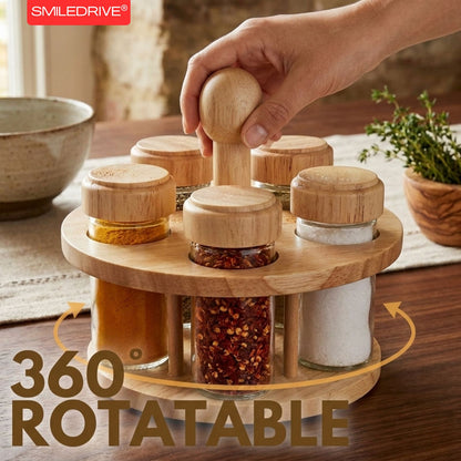 Rotating Spice Rack Wooden Spice Organizer | 5, 12 or 16 Glass Jar with Revolving Stand