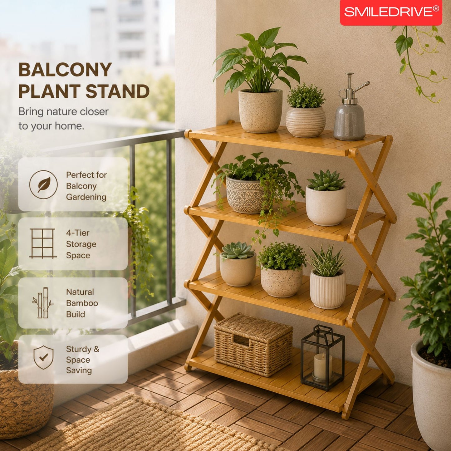 Foldable Bamboo Shoe Rack | 3 & 4-tier Balcony Plant Stand | Space Saving Storage Organizer for Entryway, Bedroom, Bathroom or Balcony