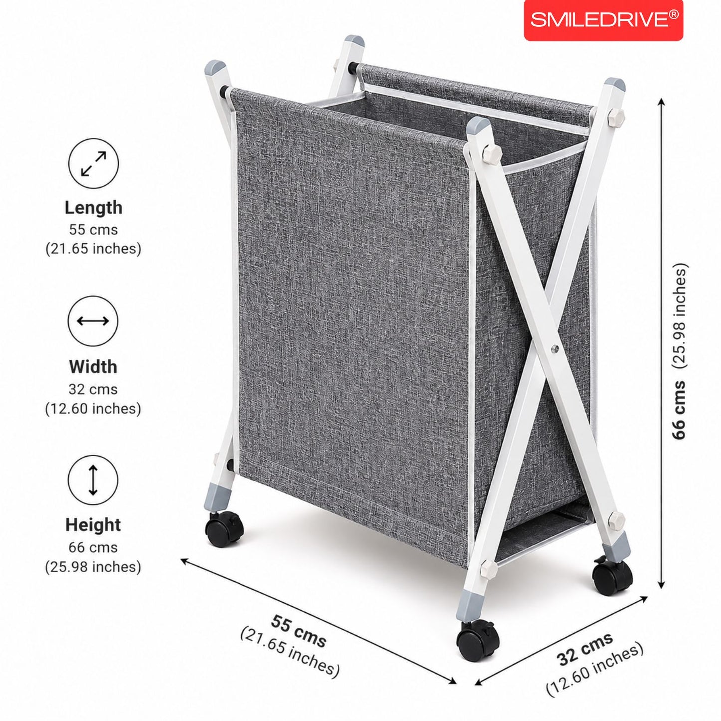 Foldable Laundry Basket with Wheels | Large Capacity (100L) Rolling Clothes Bin with Sturdy Metal Frame | Lightweight & Portable Clothes Storage for Laundry Room & Bedroom - Grey