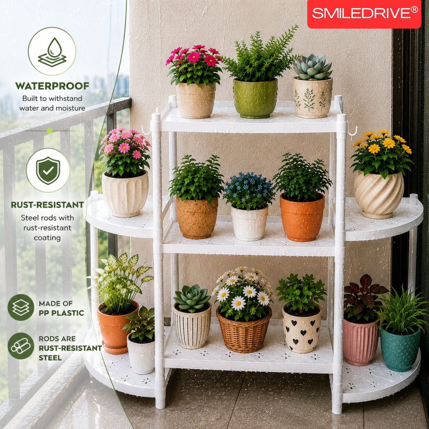 Flower Pot Stand for Indoor Living Room, Balcony & Home | 6 Rack Flower Pot Stand with Hooks | Lightweight Balcony & Home Garden Plant Organizer