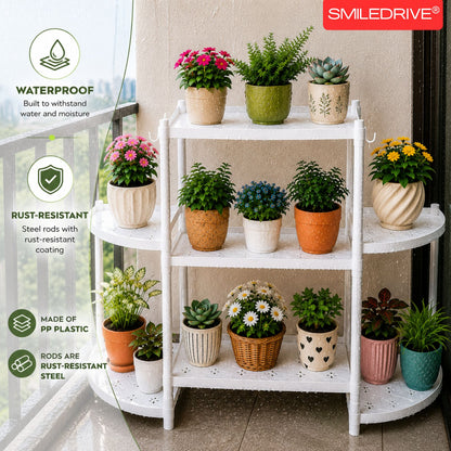 Flower Pot Stand for Indoor Living Room, Balcony & Home | 6 Rack Flower Pot Stand with Hooks | Lightweight Balcony & Home Garden Plant Organizer
