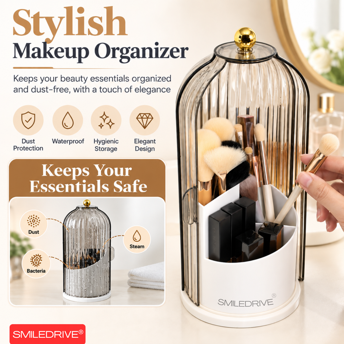 Makeup Organizer with Transparent Dust-Proof Cover | 360° Rotatable Base & 180° Rotatable Shell | 3 Compartment Cosmetic Organizer for Makeup Brushes, Lipsticks, Skincare & Beauty Essentials