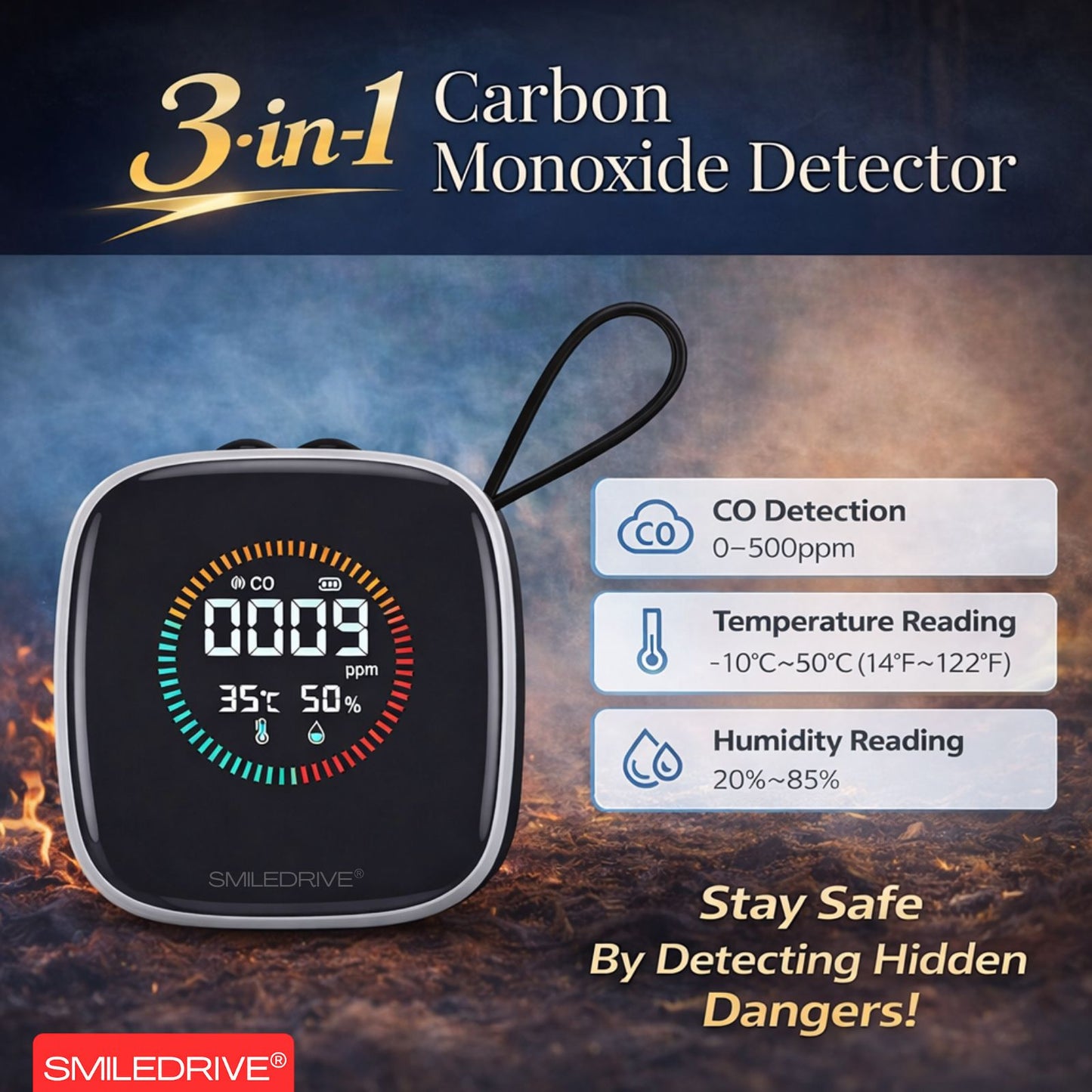 Portable Carbon Monoxide Detector with LCD Display | Handheld CO detector with Audible Alarm Real-Time Gas Monitoring | Rechargeable Safety Alert Device for Home, Car, Camping, Kitchen, Industry & Travel