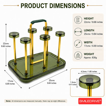 Premium Glass Cup Holder for Kitchen Counter - Modern 6-Hook Mug Tree & Tea Cup Drying Rack - Elegant Gold Metal & Acrylic Coffee Station Organizer for Home, Cafe & Dining Table