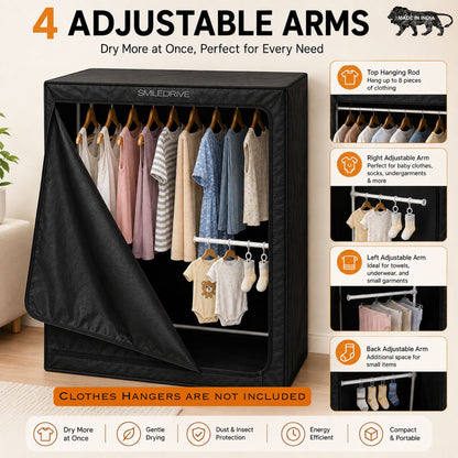 SMILEDRIVE® Portable Electric Clothes Dryer Machine | Foldable Enclosed Drying Rack with 4 Adjustable Arms | 8-Garment Hanging Rod | 76 × 76 × 99 cms | Made in India