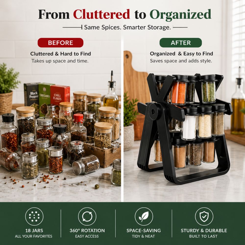 18 Jar Rotating Spice Rack Organizer | 360° Revolving Masala Stand with Glass Spice Jars for Kitchen Counter & Cabinet